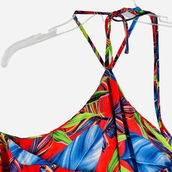 New-shop17 Two Pc Set Tropical Multi color, Ruffled Top Wide Leg Neck Tie Pants - Picture 10 of 16